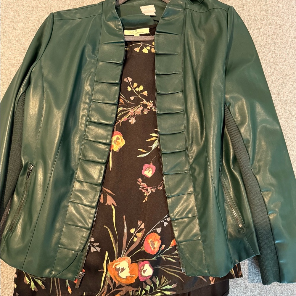 Chico’s leather look dark green women’s jacket size 1